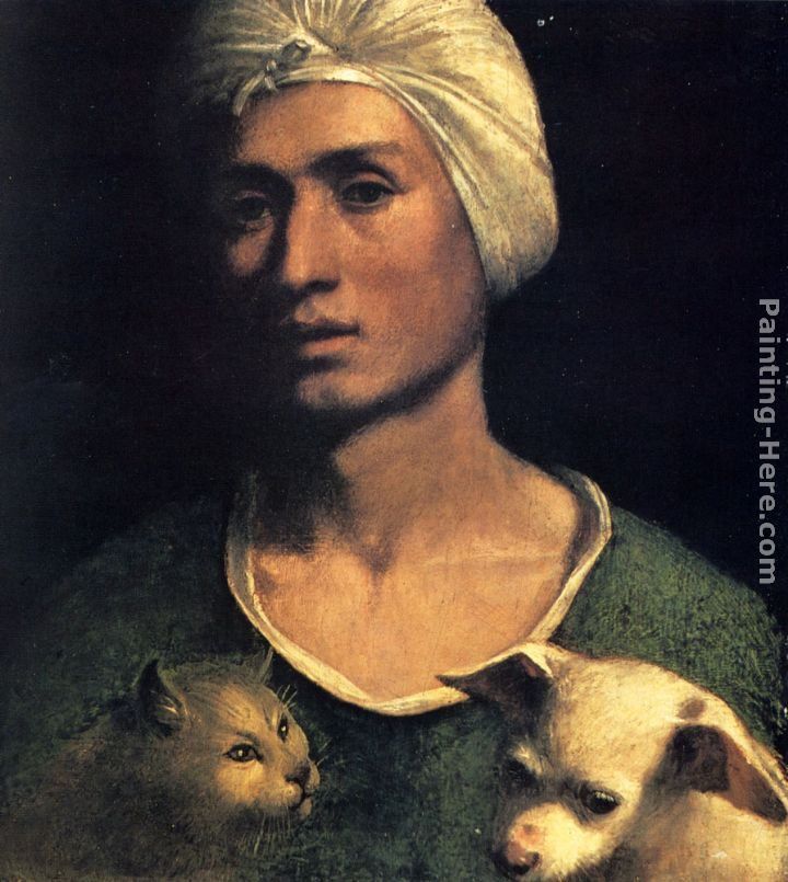 Dosso Dossi Portrait Of A Young Man With A Dog And A Cat